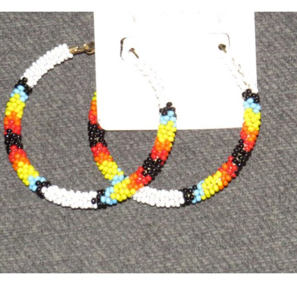 Southwest Style Multicolor Seed Bead Hoop Earrings - Picture 2 of 5